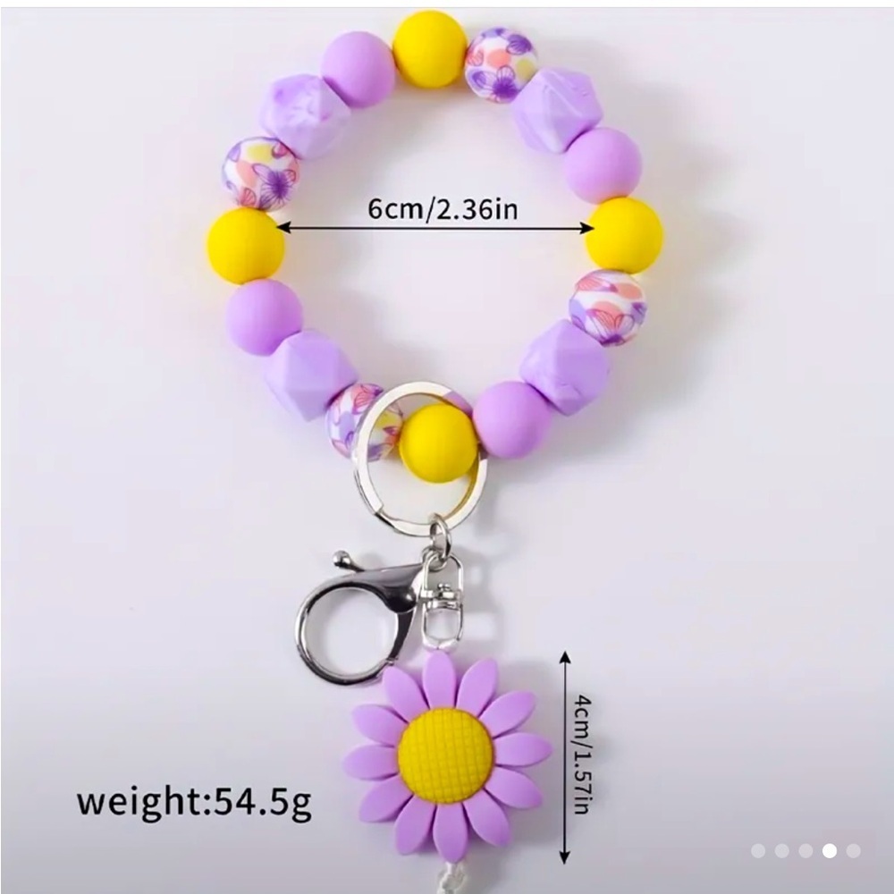 Purple and Yellow Beaded Keychain with Flower Charm